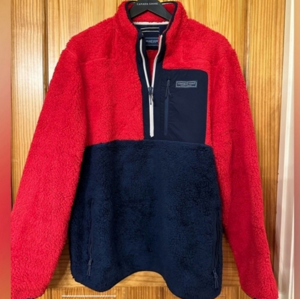 EUC Vineyard Vines 1/4 Zip Pullover Fleece Supershep Mens Red & Navy Sz large